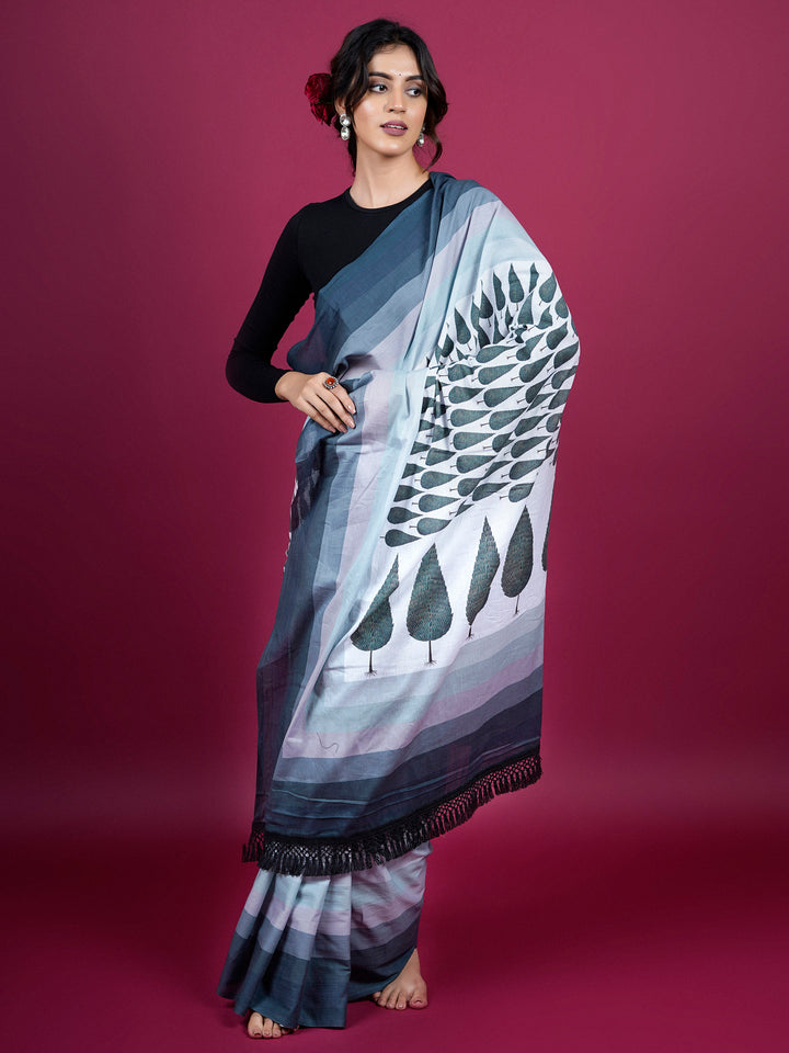 Buta Buti Botanical Printed Cotton Saree With Tassels Embellishment