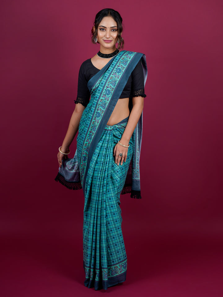 Buta Buti Checked Printed Cotton Saree With Tassels Embellishment