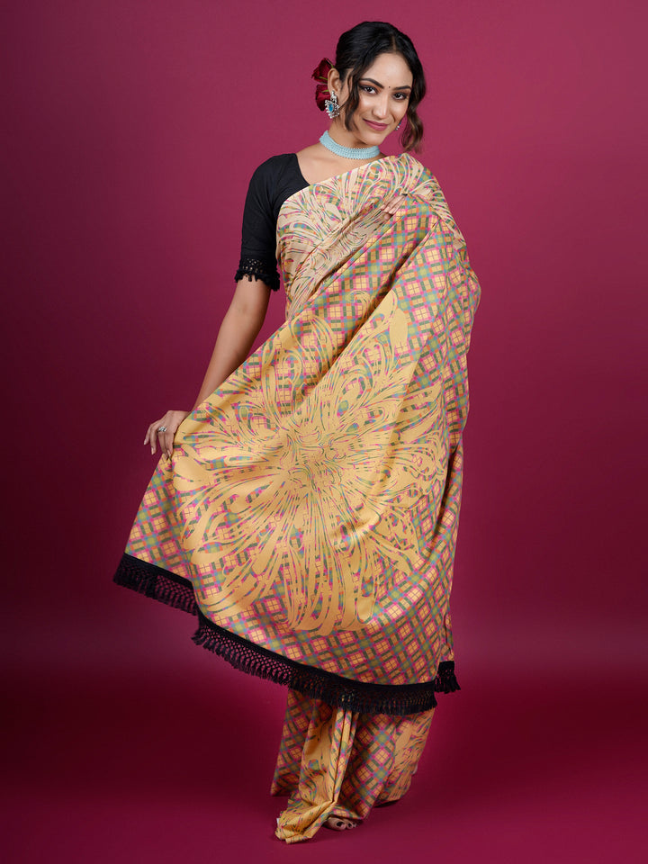 Buta Buti Floral and Pixel Printed Cotton Saree With Tassels Embellishment