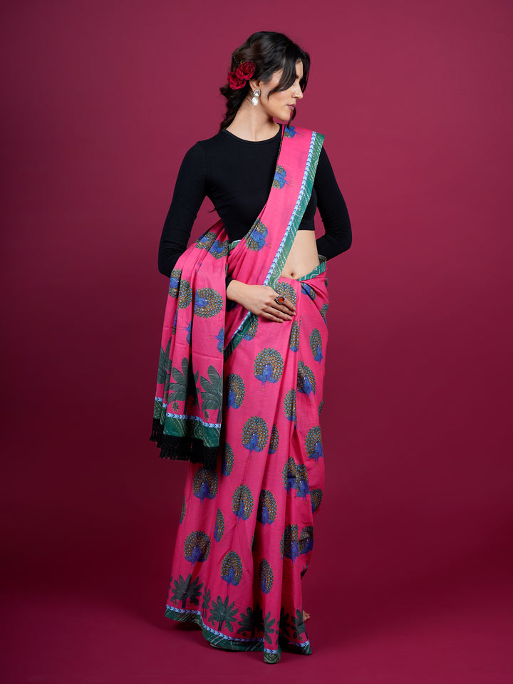 Buta Buti Peacock Printed Cotton Saree With Tassels Embellishment