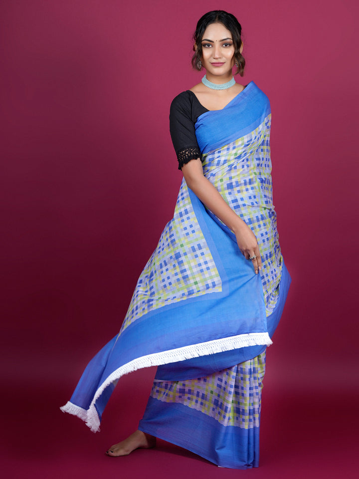 Buta Buti Checked Printed Cotton Saree With Tassels Embellishment